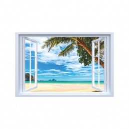 Sticker decorativ fereastra fantezie 3D peisaj plaja cu palmier