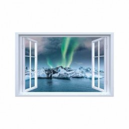 Sticker decorativ fereastra fantezie 3D aurora boreala, laguna glaciara